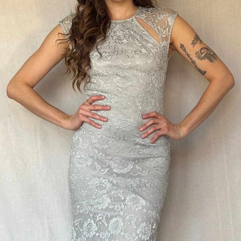 Vintage Y2K Silver Mermaid Bodycon Keyhole Dress - Picture 3 of 9